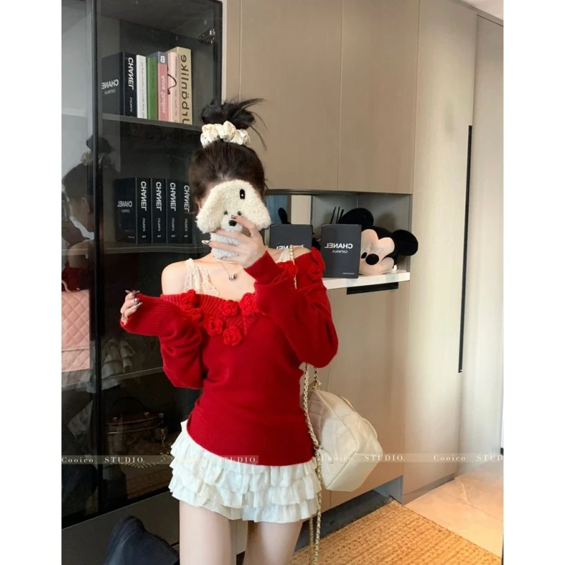 BOLUO跨年花朵氛围感一字肩毛衣女秋冬v领蕾丝内搭针织衫短款上衣