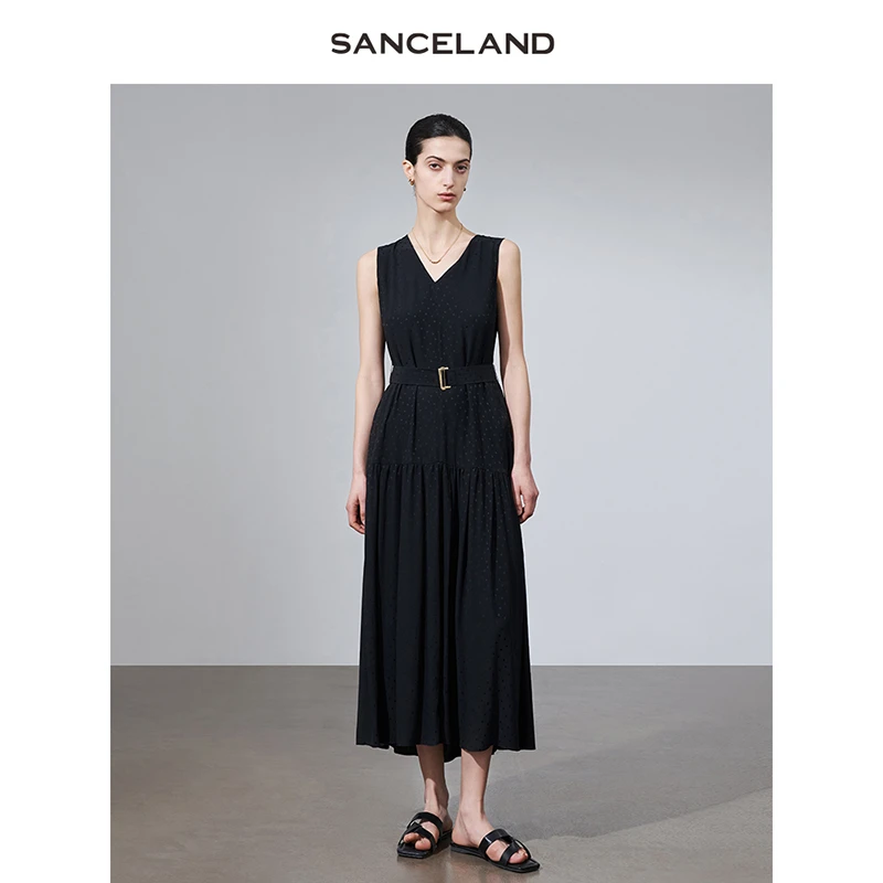 SANCELAND三石一澜夏新款真丝波点V领无袖连衣裙附腰带SJ24104162