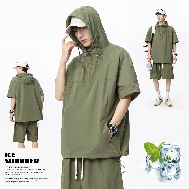 【奥莱折扣】百搭新款时尚宽松连帽潮流】绿青少年运动套装