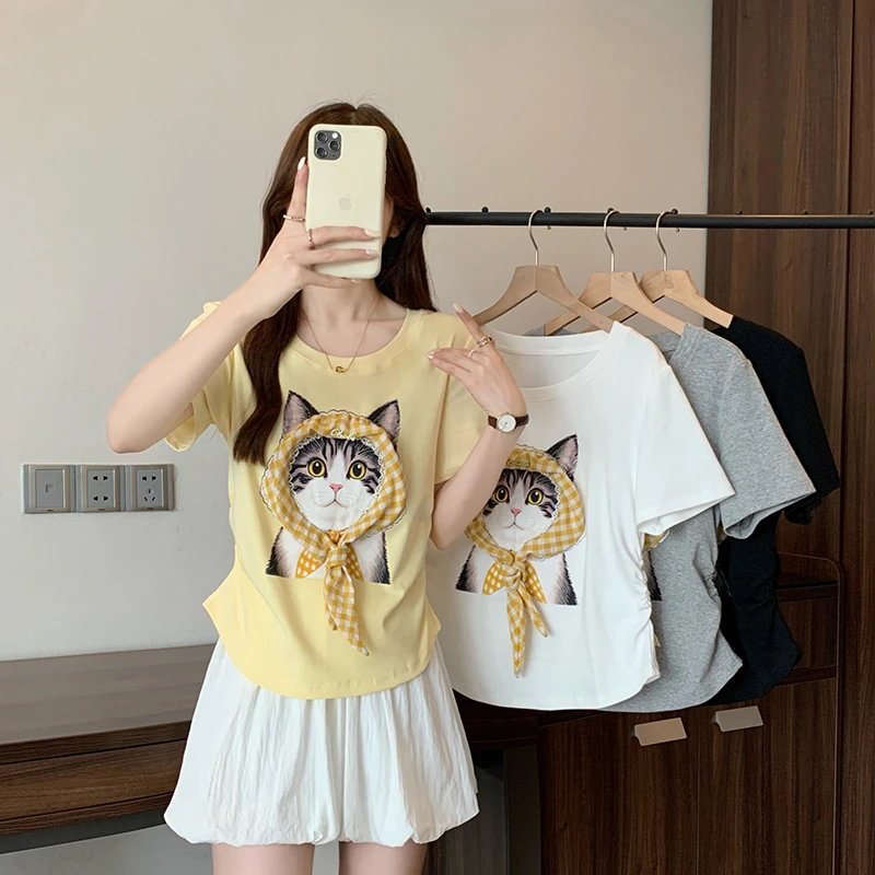 2025夏装新款胖mm大码女设计感休闲减龄猫咪正肩短袖T恤A1818