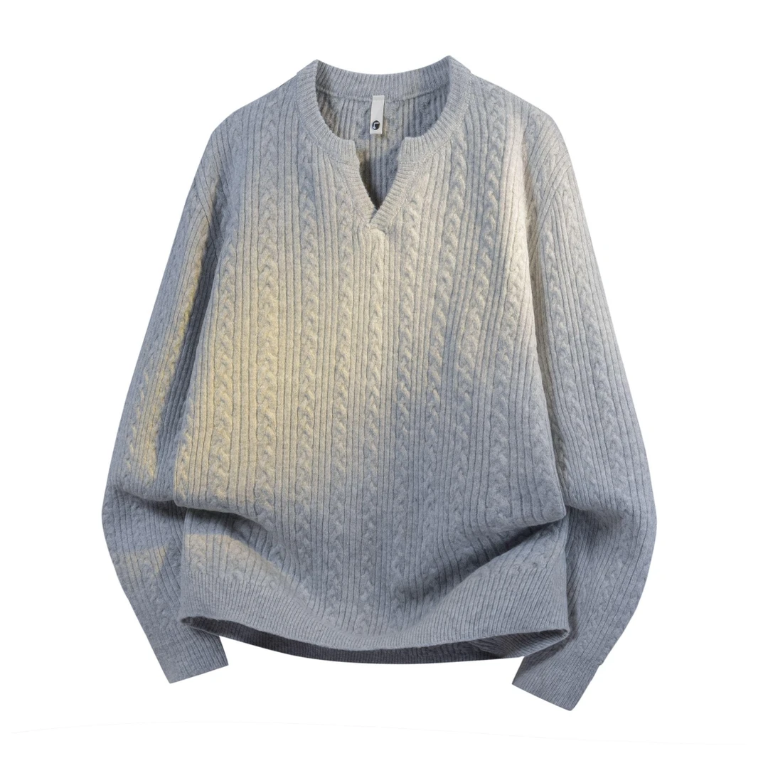ALLIN男士V领保暖毛衣时尚潮流秋冬季宽松休闲套头绞花简约针织衫