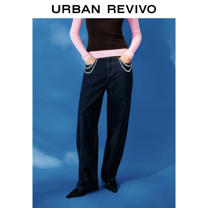 UR2025秋季新款女装流光风珠链饰棉质阔腿牛仔长裤UWM850248