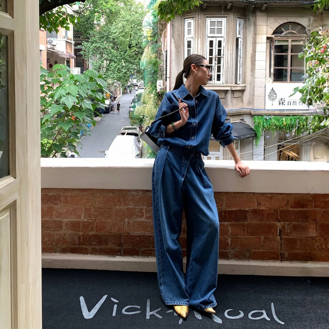 复古高级感通勤时尚套装女2026春新款深蓝色牛仔上衣阔腿裤两件套