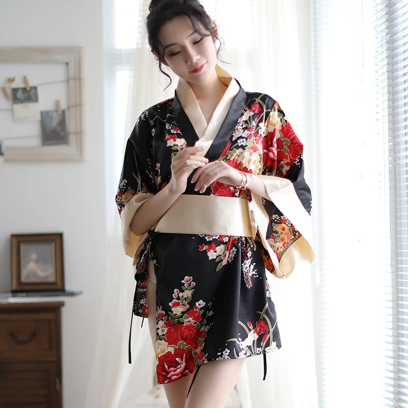 印花大码日系蝴蝶结和服性感睡衣纯欲风浴袍睡袍cosplay套装甜美