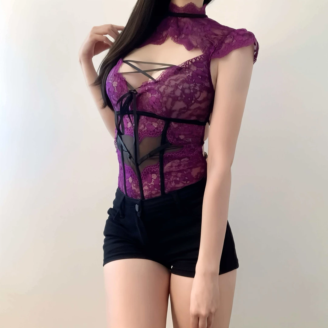 纯欲内衣直角肩连体法式镂空性感连体塑身家居内衣