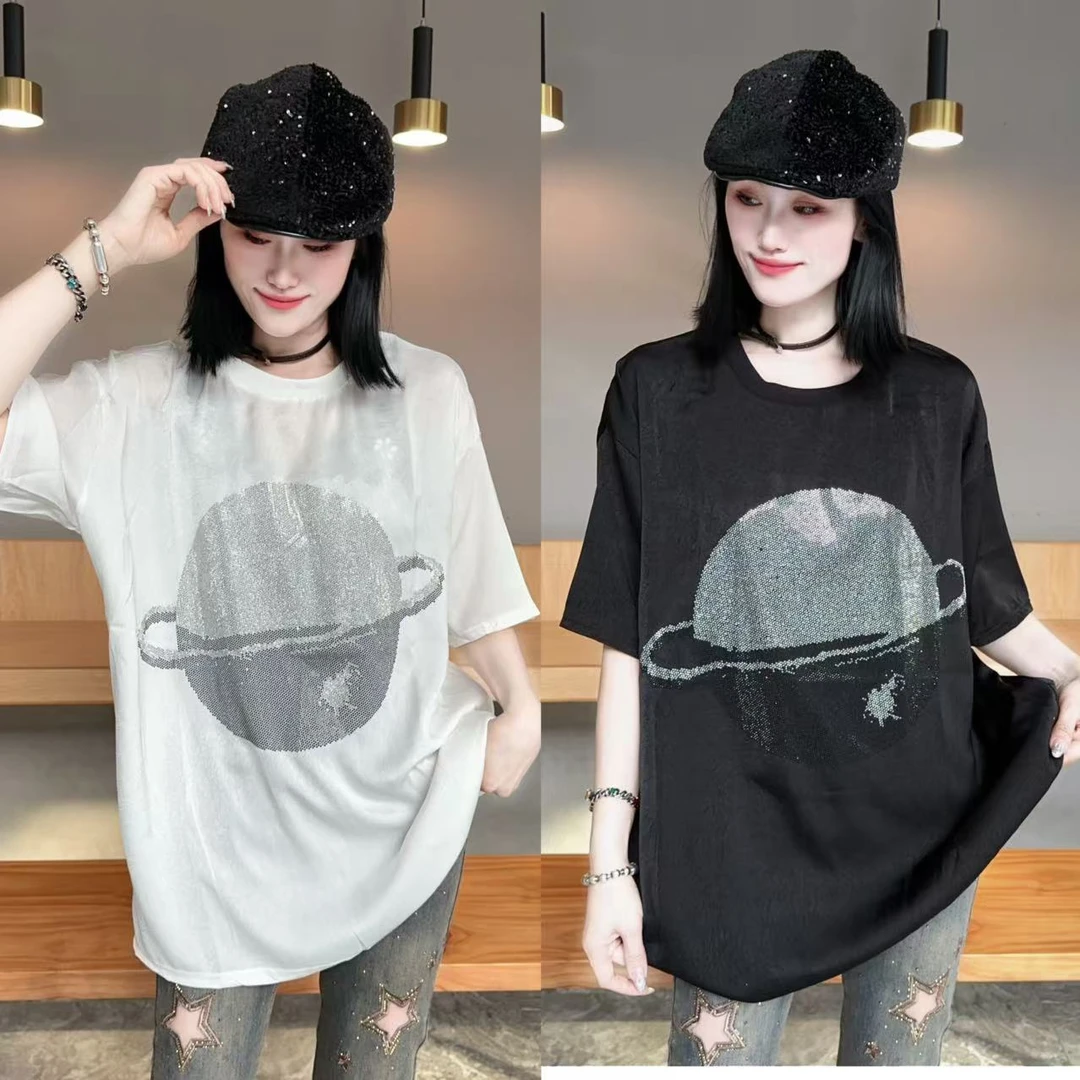 【YJ·高定】2025夏季薄款设计感宽松显瘦蕾丝烫钻半袖上衣女 YY2322