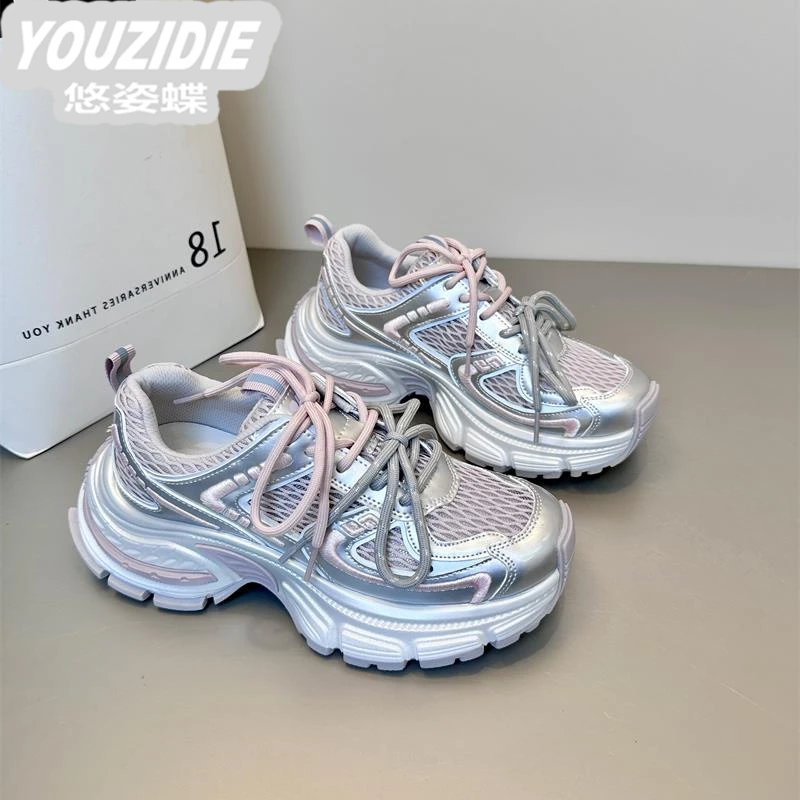 YOUZIDIE推荐2025夏新款复古ins风网面透气老爹鞋女增高休闲鞋