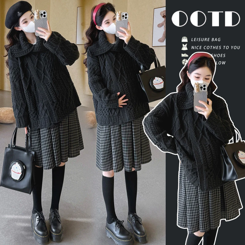 孕妇毛衣套装慵懒风毛衣外套冬季复古格子百褶半身裙中长款上衣