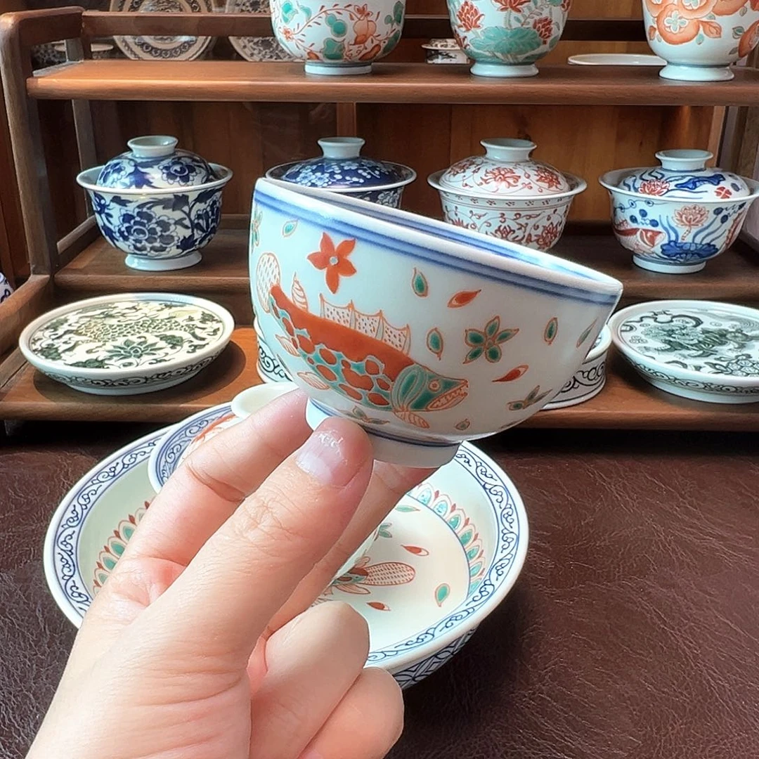 盖碗景德镇手绘红绿彩单杯福利价