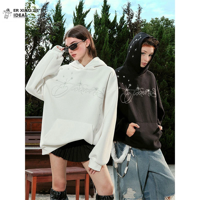 美式潮牌设计感加绒加厚连帽卫衣女宽松秋冬季中长款情侣薄款外套