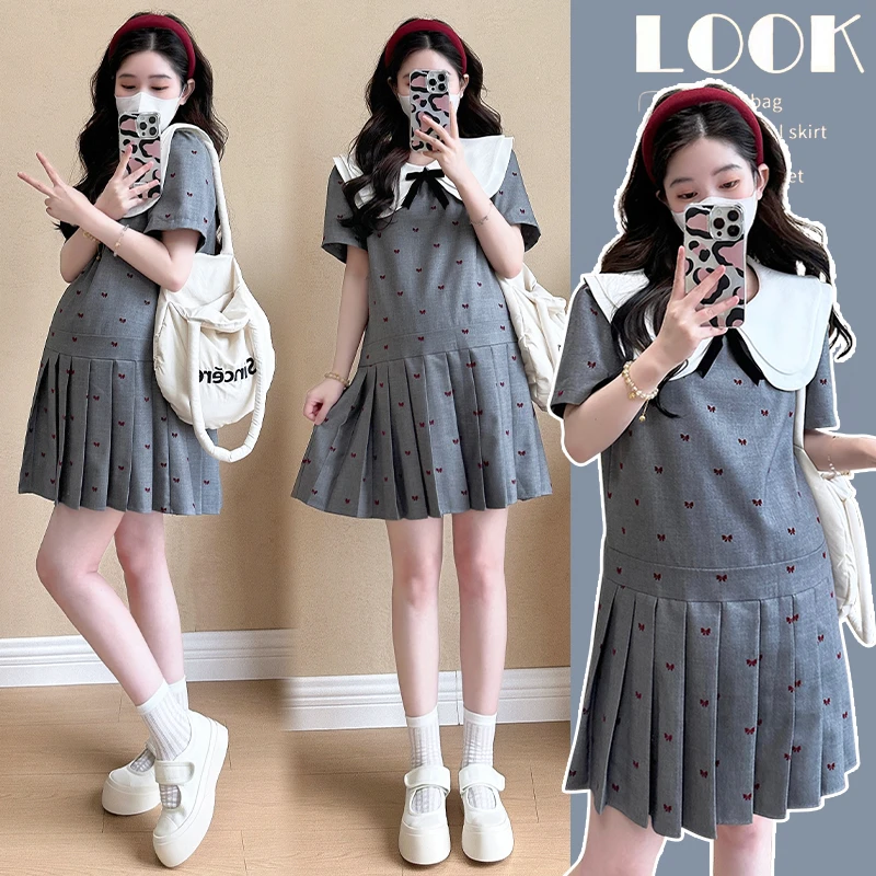 法式温柔风娃娃领孕妇连衣裙夏季新款小个子蝴蝶结印花孕妇装裙子