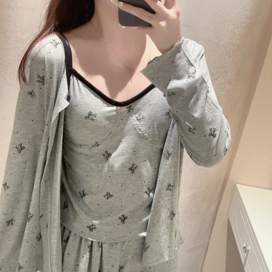 【纯欲波点蝴蝶结】吊带长袖带杯垫三件套灰色女生家居服睡衣1811