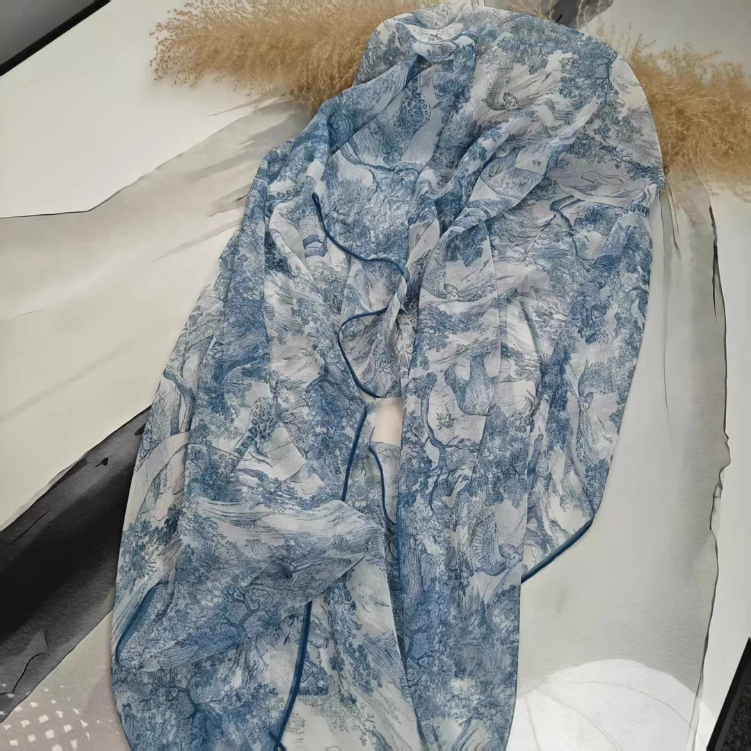 乔其纱复古印花丝巾丝带韩版夏季氛围感系脖领巾气质文艺小香蓝