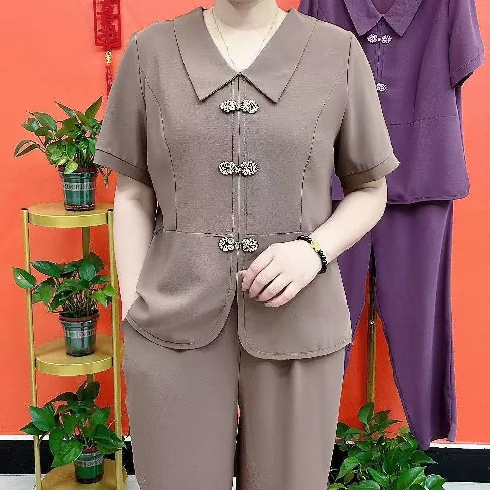 夏秋新款休闲套装女盘扣方领拼接上衣松紧腰阔腿裤气质减龄两件套