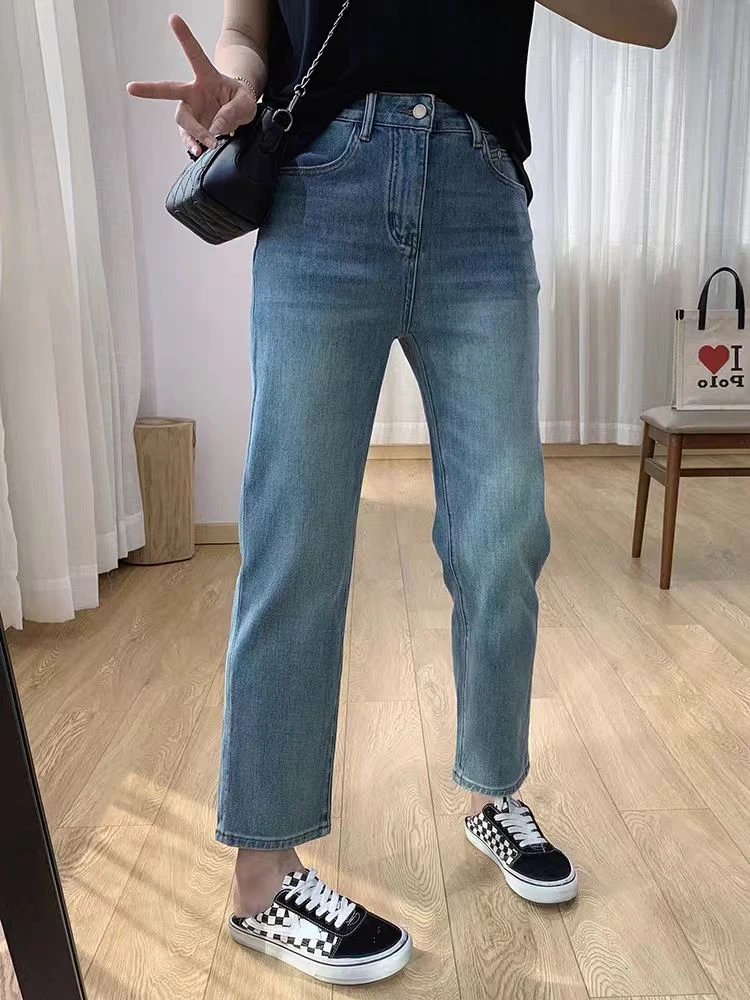 FDOA 高腰弹力 蓝色  舒适 牛仔 直筒裤 法棍裤