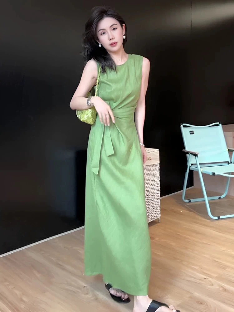 2025夏季网红新款时尚连衣裙女气质橘色显白显瘦无袖系带显瘦长裙