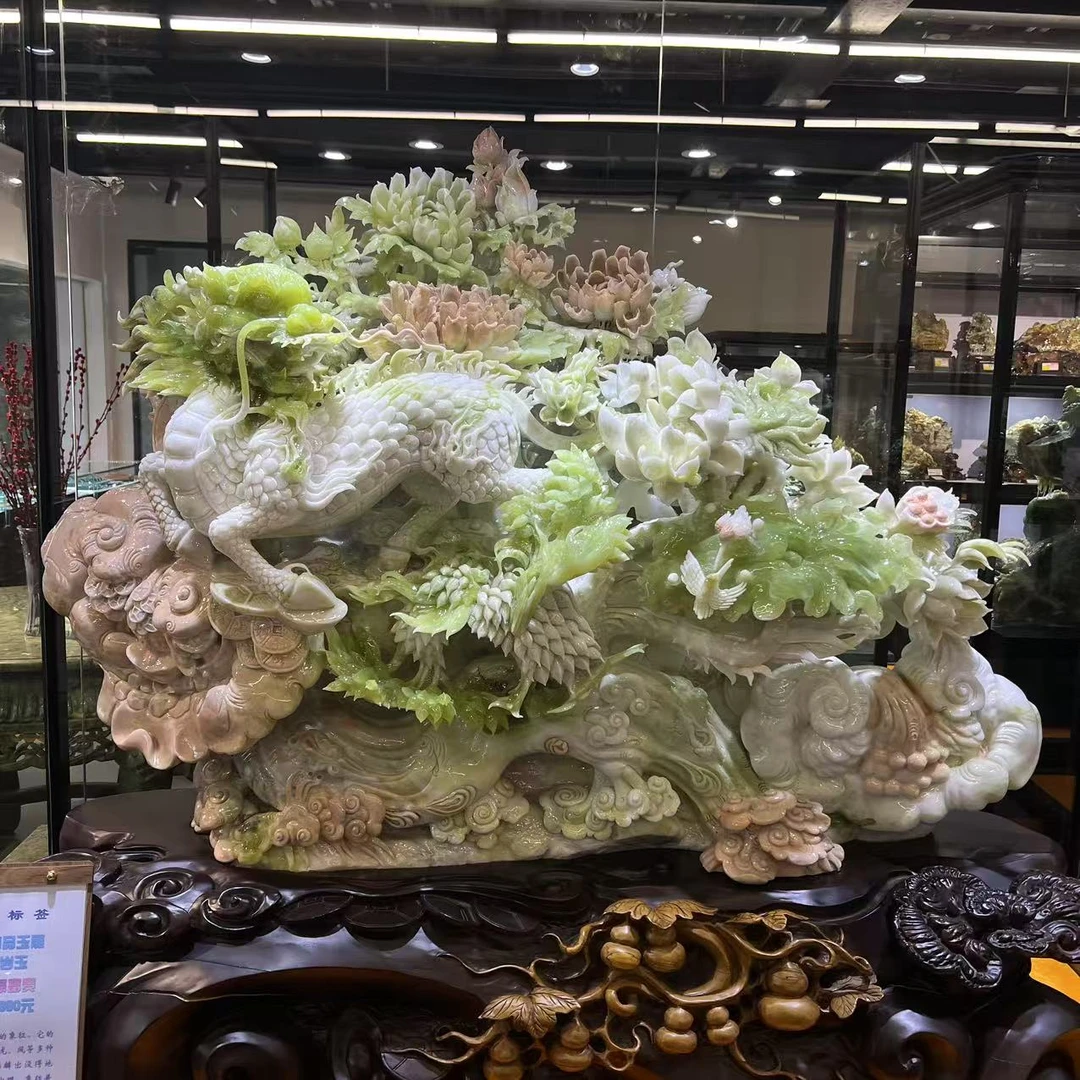 岫岩玉1号精品玉雕【麒麟富贵】雕刻手工时尚复古镶嵌精美