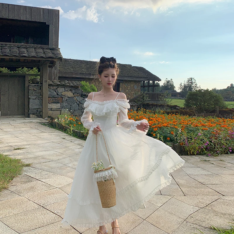 冰冰来了晨雾百合】法式纯欲风长袖连衣裙简约少女感蕾丝长裙26212