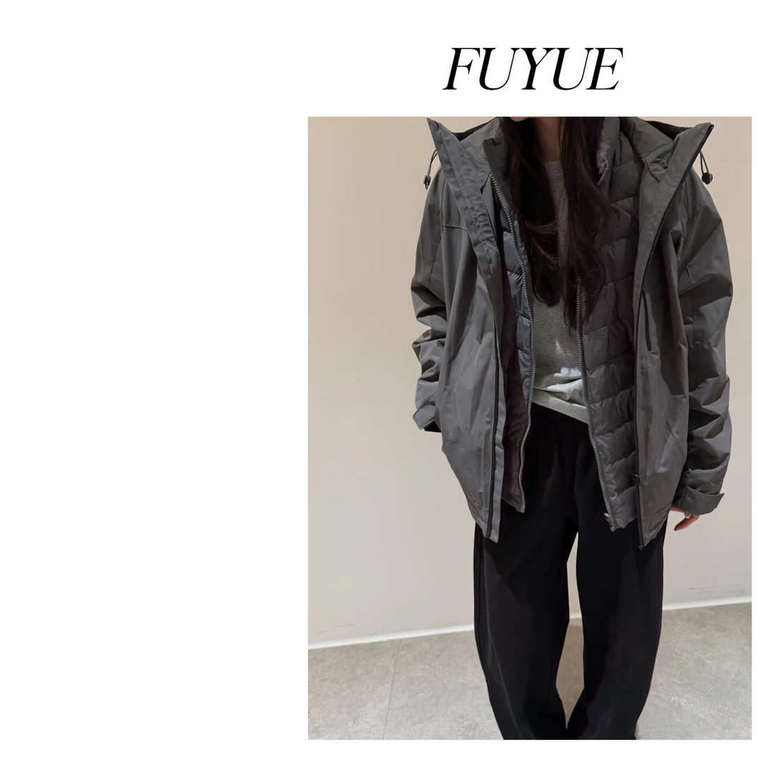 FUYUE赴约 品质灰色三合一羽绒服户外时尚休闲连帽宽松百搭秋冬