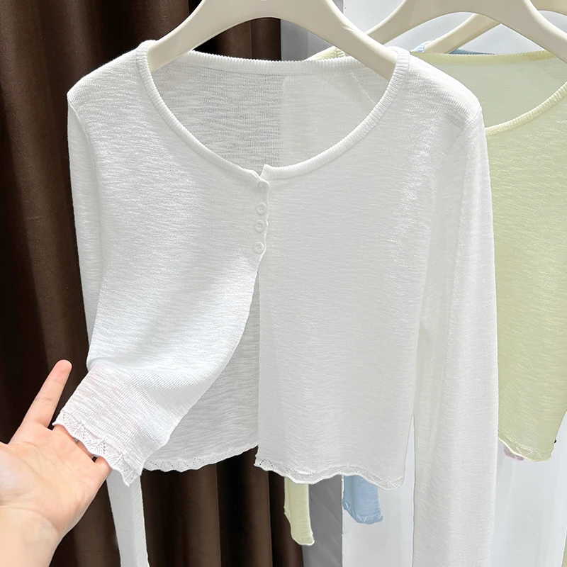 白色针织开衫夏季新款圆领短款纽扣设计外套上衣薄款外搭罩衫坎肩