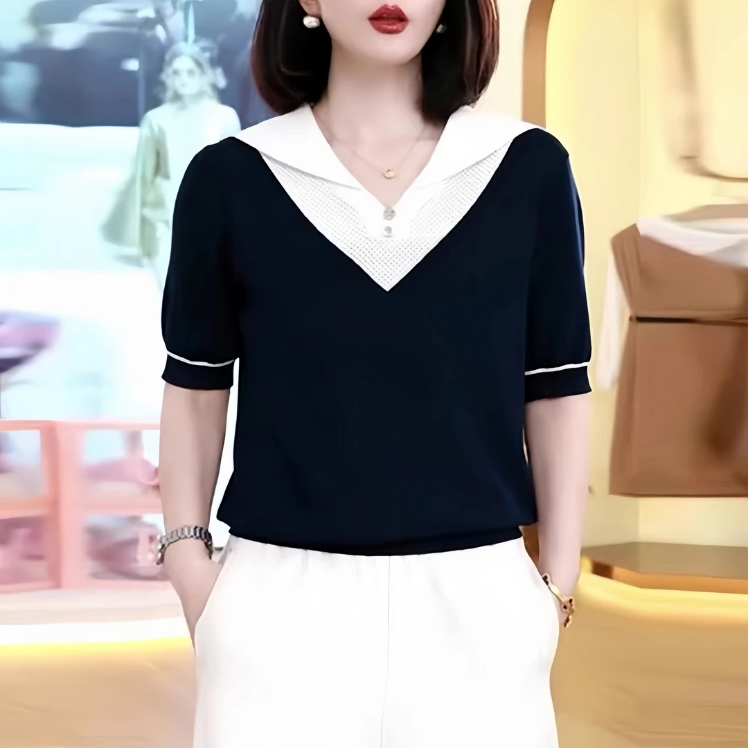 【174】海军领小众设计感针织短袖薄款夏季撞色气质百搭显瘦上衣