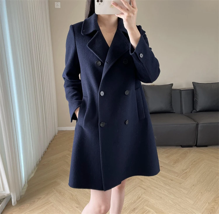 老钱风英式猎装翻领双排扣双面呢大衣女22344TJ