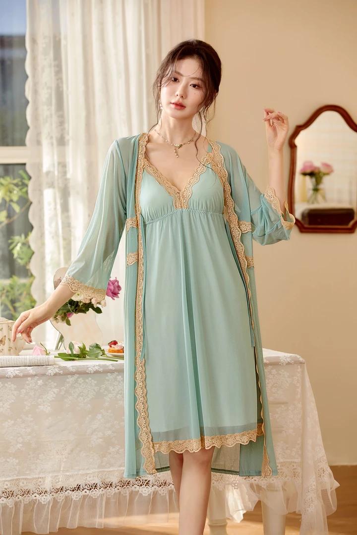 T/三宫廷睡裙法式蕾丝晨袍公主风家居服性感睡衣吊带可拆卸胸垫