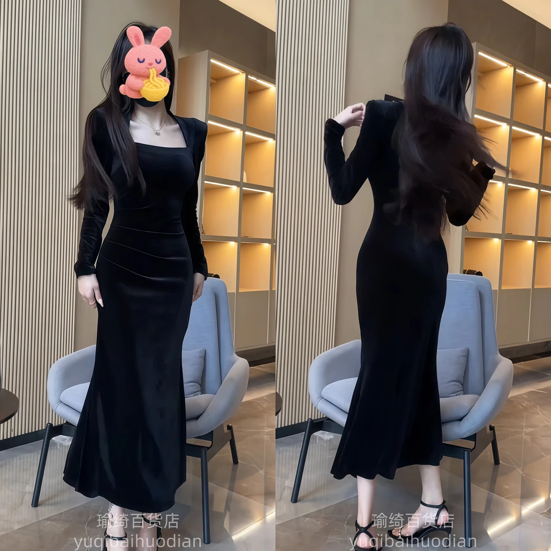 法式赫本风黑色丝绒连衣裙女秋冬新款高级感气质收腰显瘦包臀长裙