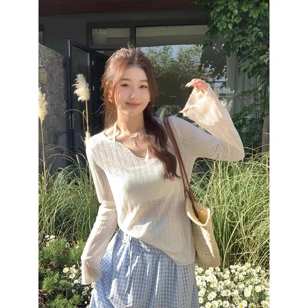 松弛感微透防晒罩衫女2025春季木耳边宽松打底上衣轻薄款长袖T恤