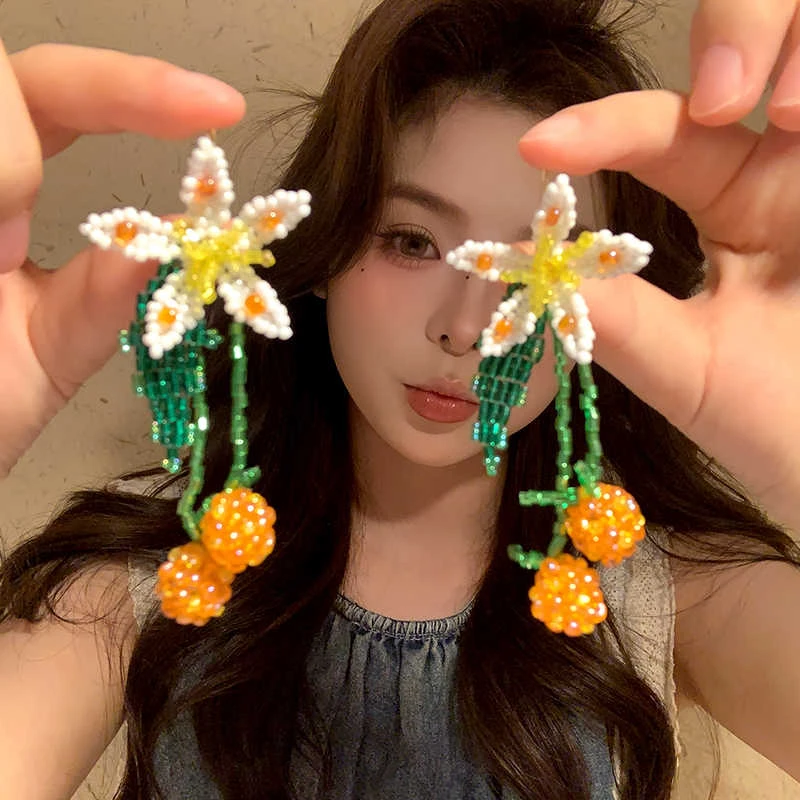 铜合金仿水晶耳饰 霓彩花园~超仙长款流苏米珠花朵耳环女森系耳饰