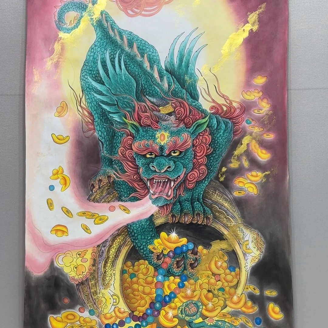 国画精品六尺竖幅貔貅贾敏