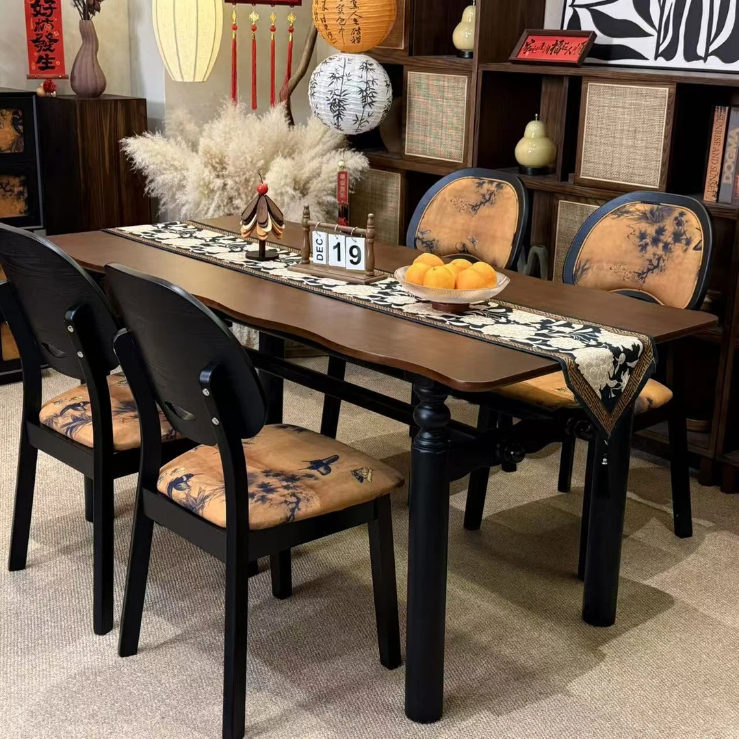 中古风实木长方形餐桌法式复古家用客厅餐桌椅组合