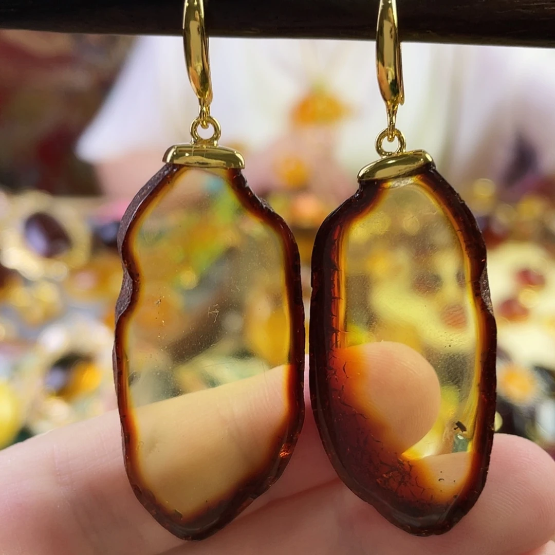 银S925镀金镶嵌琥珀耳环