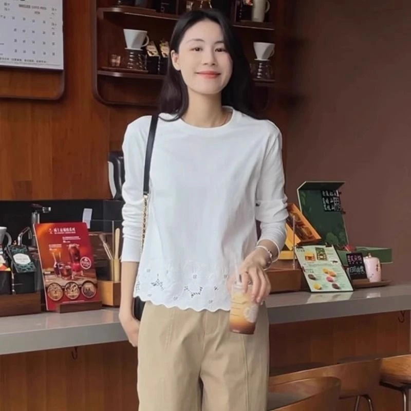 设计感钩花镂空长袖t恤女2025春秋季新款时尚百搭简约洋气打底衫