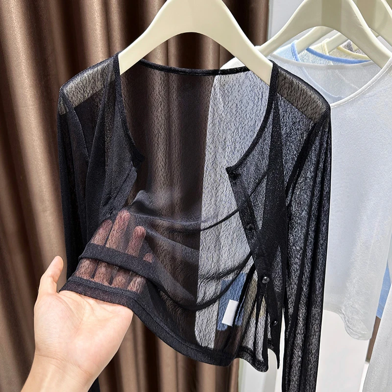 高级感面膜冰丝针织长袖开衫女夏连衣裙外搭披肩薄款透明罩衫外套