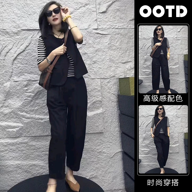 美式气质宽松黑色马甲条纹上衣高腰遮胯休闲裤高级感小洋装三件套