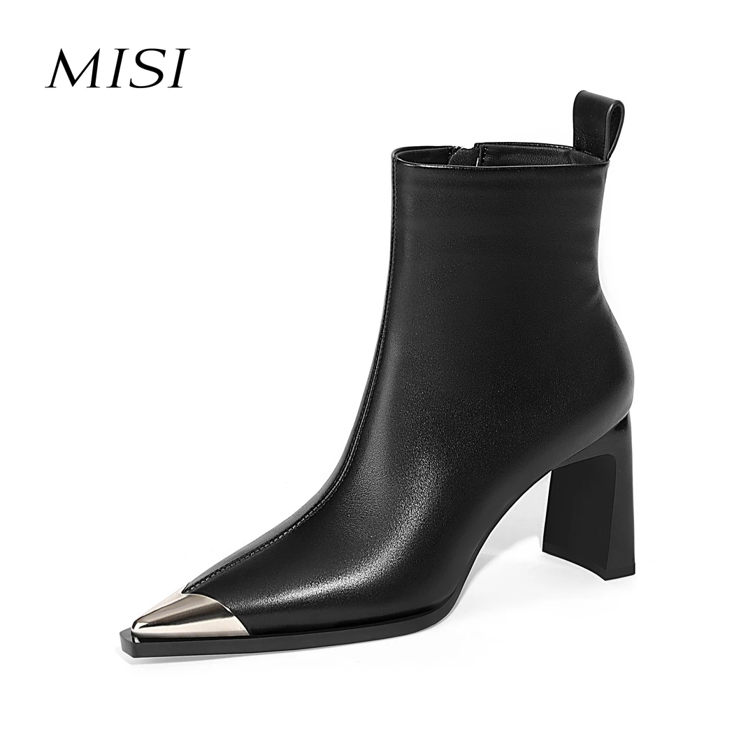 【跟高7cm】2025年冬新款纯色尖头粗跟高跟短靴侧拉链简约百搭女