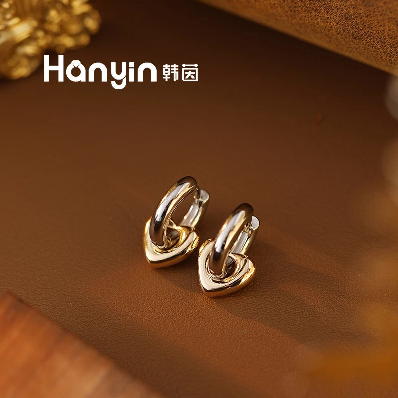 铜合金耳饰 轻奢百搭镂空光面撞色爱心耳扣