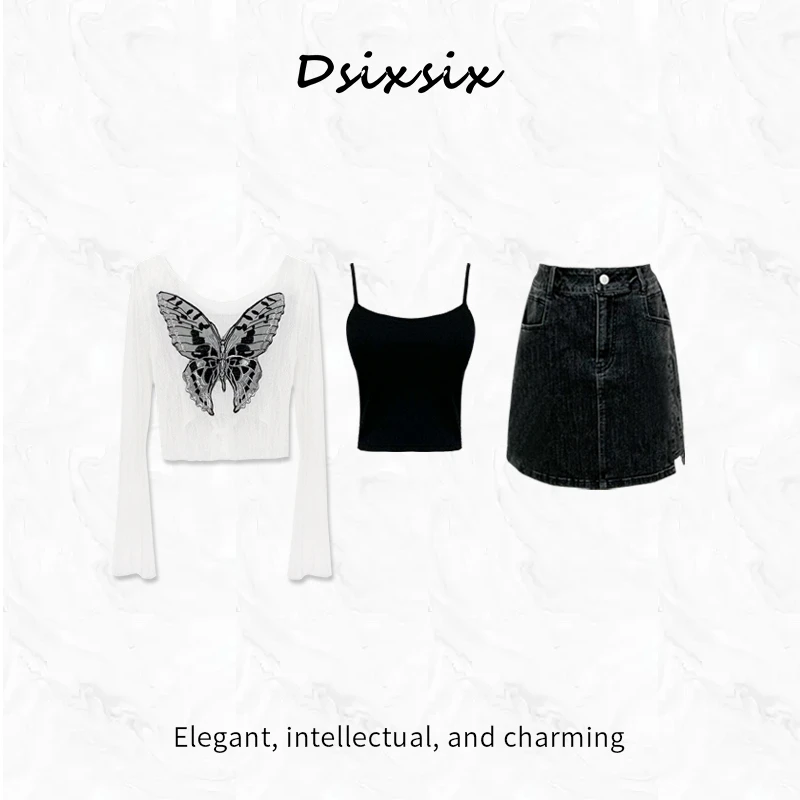 Yeah Me/也觅【暗夜蝶】夏季新款美式气质设计感显瘦牛仔半身裙套装