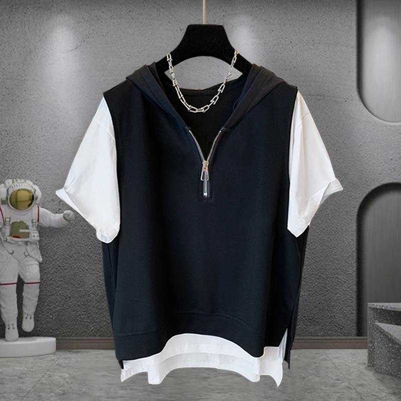 DeweLvum假两件运动半拉链连帽短袖t恤男款潮牌拼接半袖上衣男装
