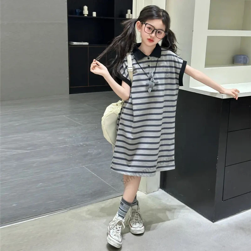 新款女童夏季休闲条纹短袖蛋糕裙中长款POLO领洋气连衣裙