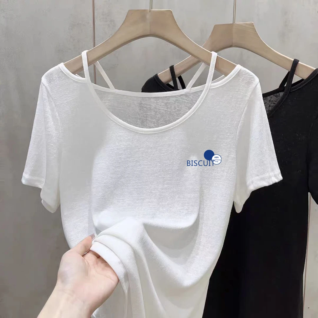 露肩圆领吊带夏季新款短袖女雪花棉轻薄透气上衣百搭时尚简约T恤