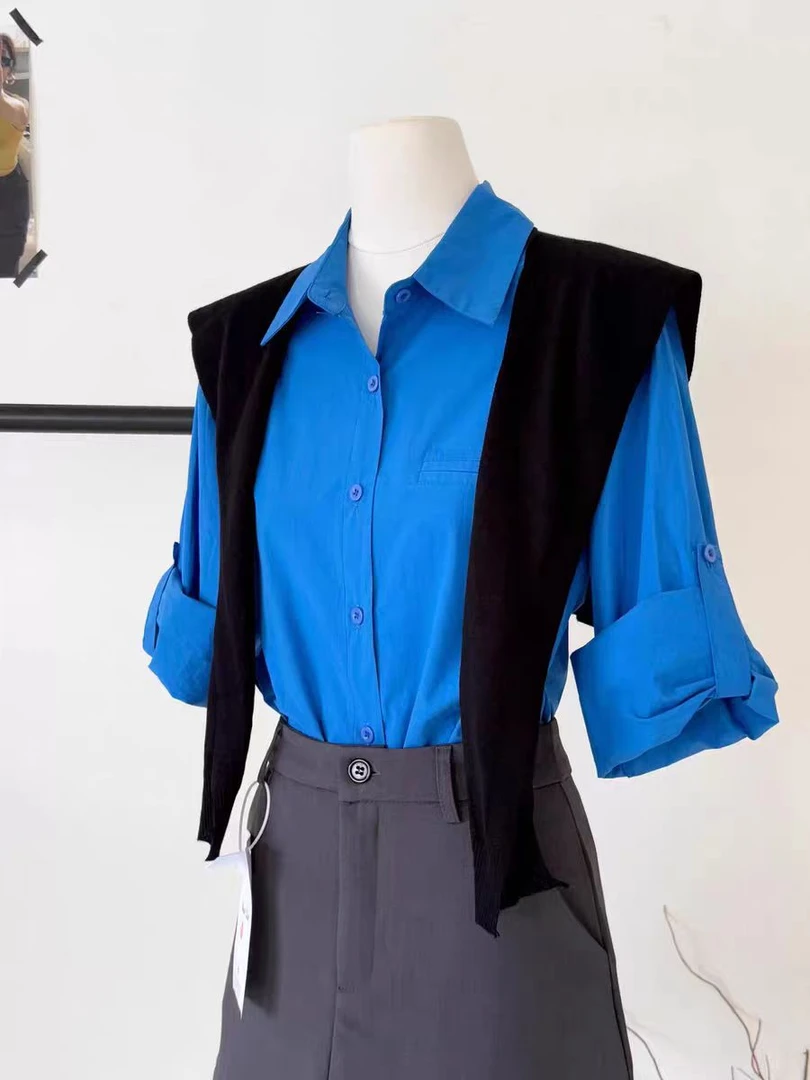 韩系穿搭一整套早秋蓝色长袖衬衫女+披肩+灰色西装半裙三件套