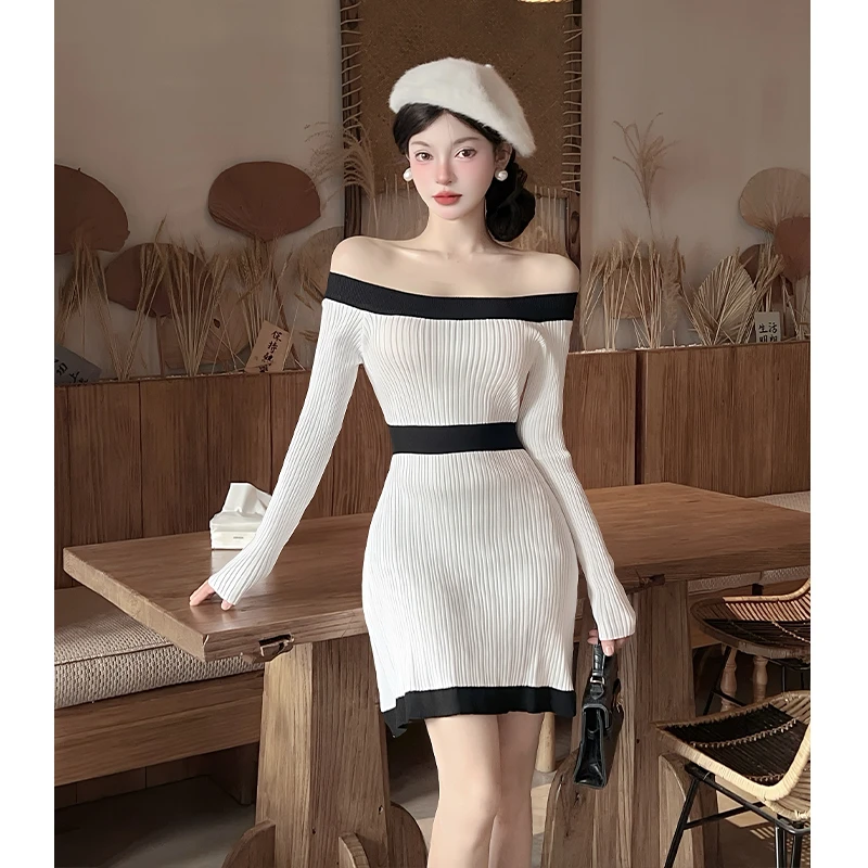 高级感小香风气质针织连衣裙女秋冬小个子一字肩收腰显瘦裙子秋款