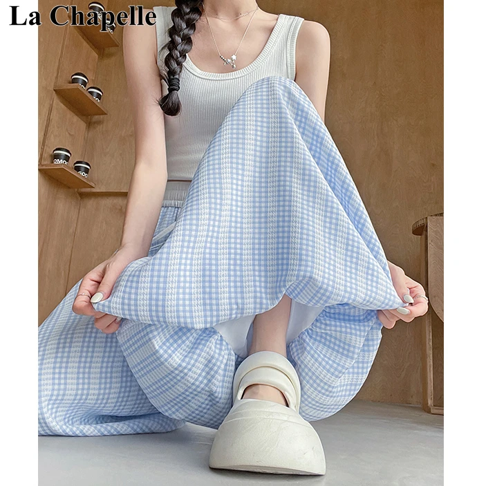 拉夏贝尔蓝色格子花苞裙裤女夏季2025新款休闲显瘦宽松垂感阔腿裤