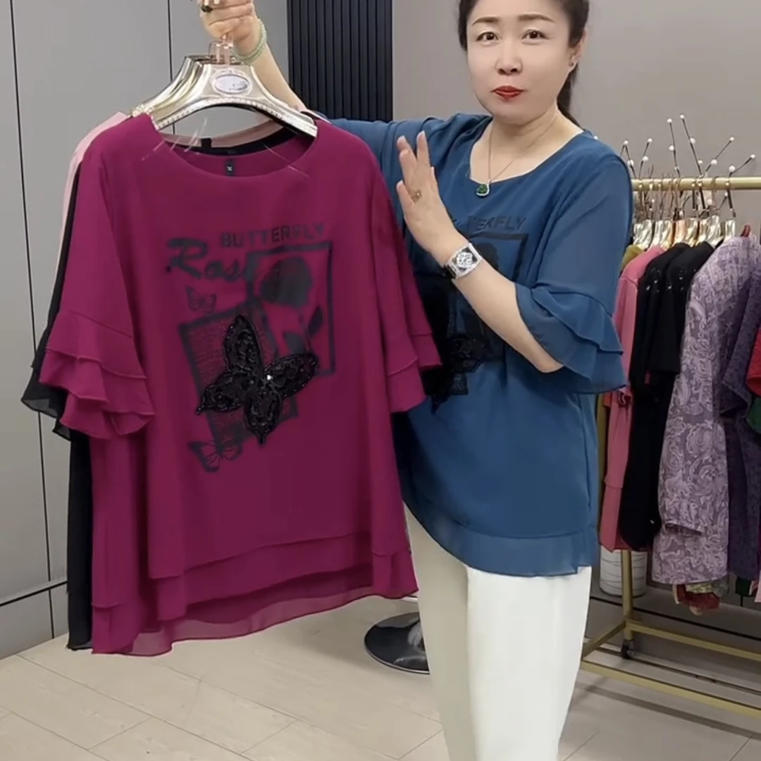 1675*时尚大码短袖休闲风圆领印花蝴蝶T恤宽松显瘦百搭夏季半袖