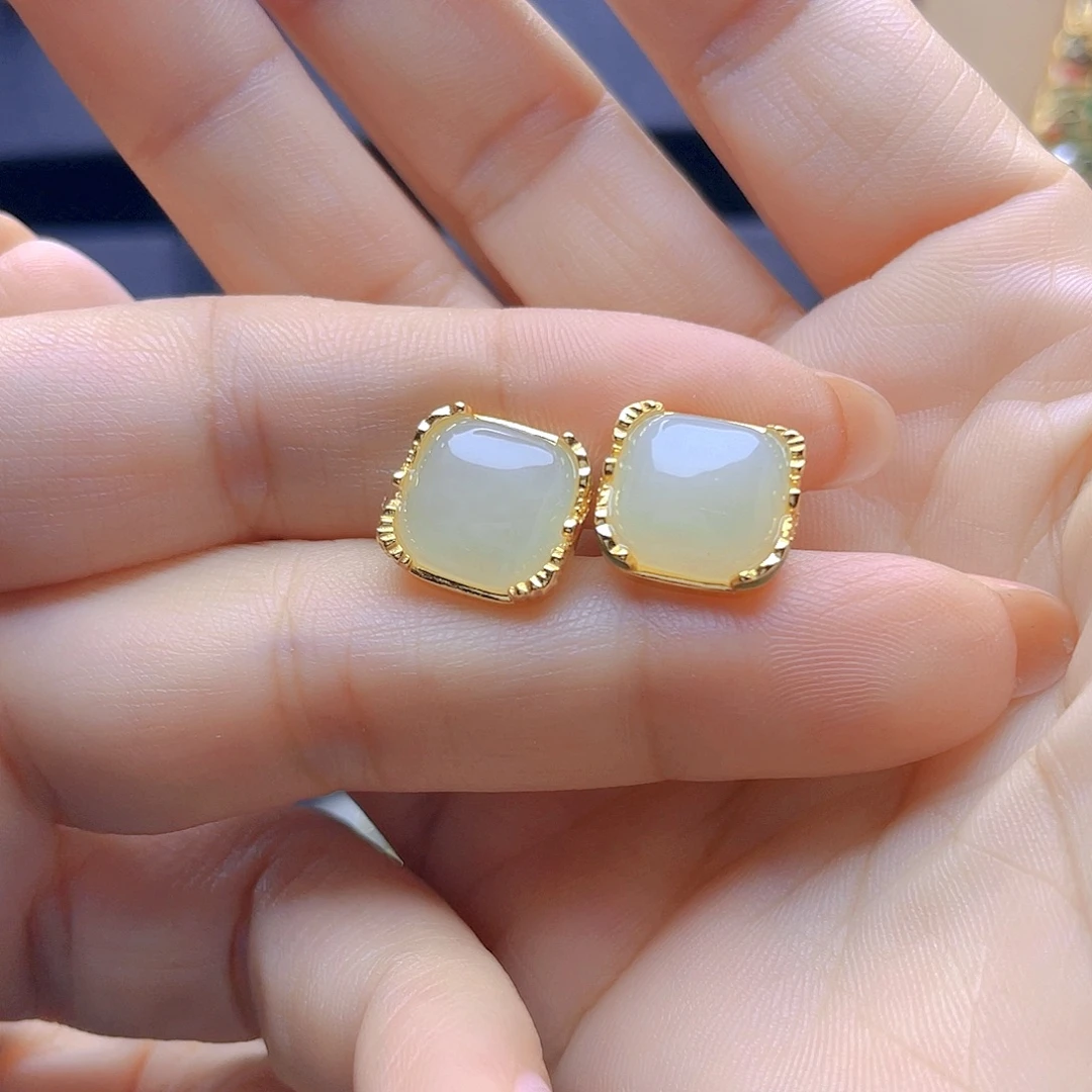 和田玉银S925镀金镶嵌耳饰