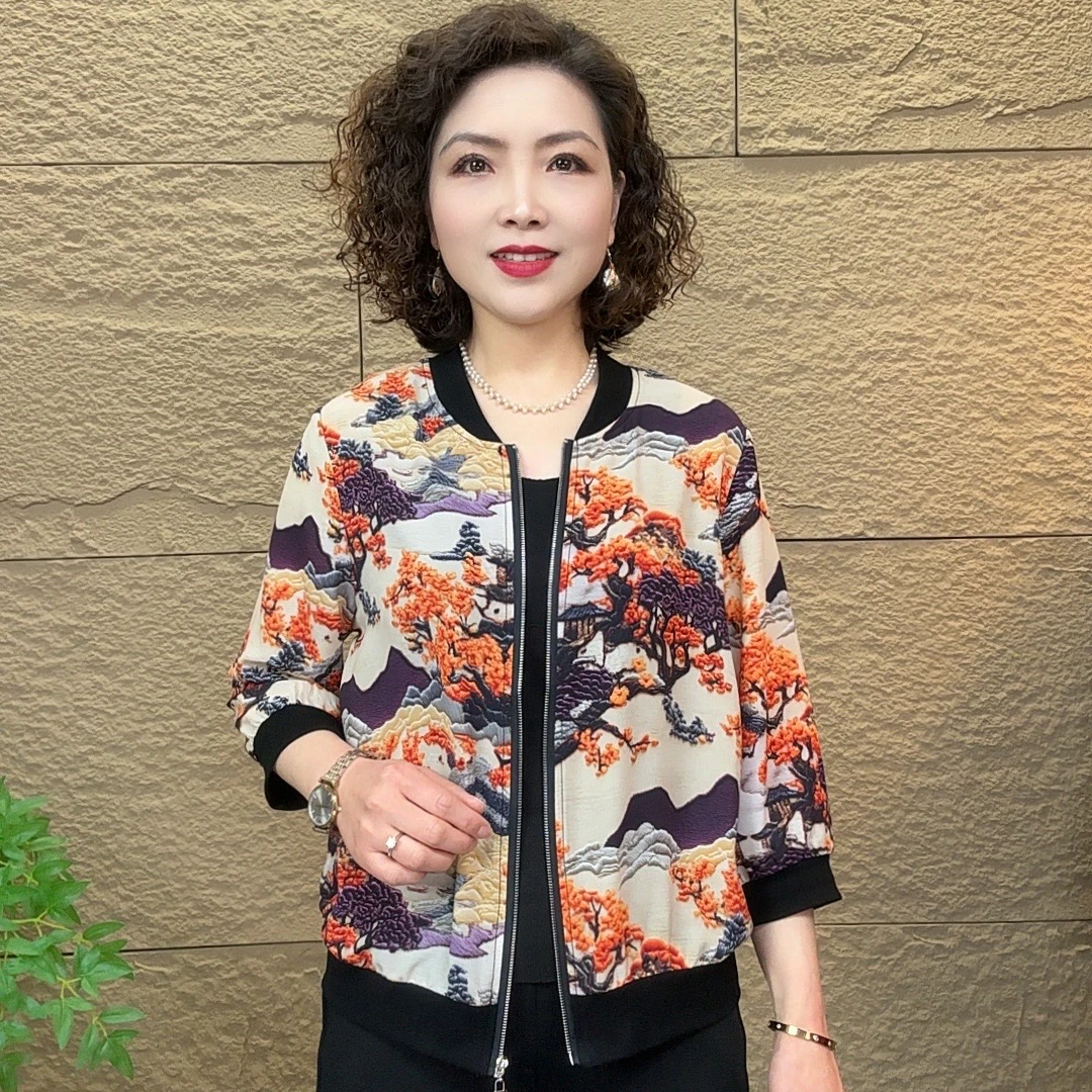2025薄款春秋时尚女士圆领七分袖气质洋气百搭中老年妈妈装短外套