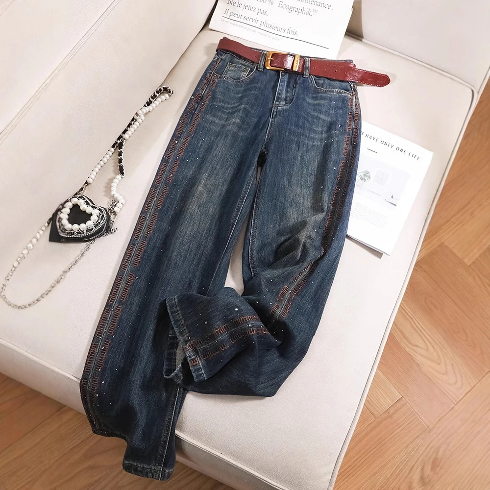 123刺绣牛仔裤女直筒显瘦高腰收腹舒适牛仔女裤2025年春季牛仔裤