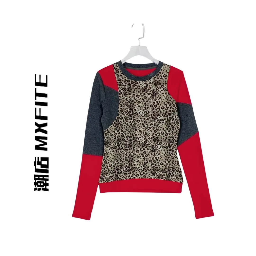 MXFITE潮店春季新款拼接撞色豹纹圆领长袖时尚打底衫（LF28776）